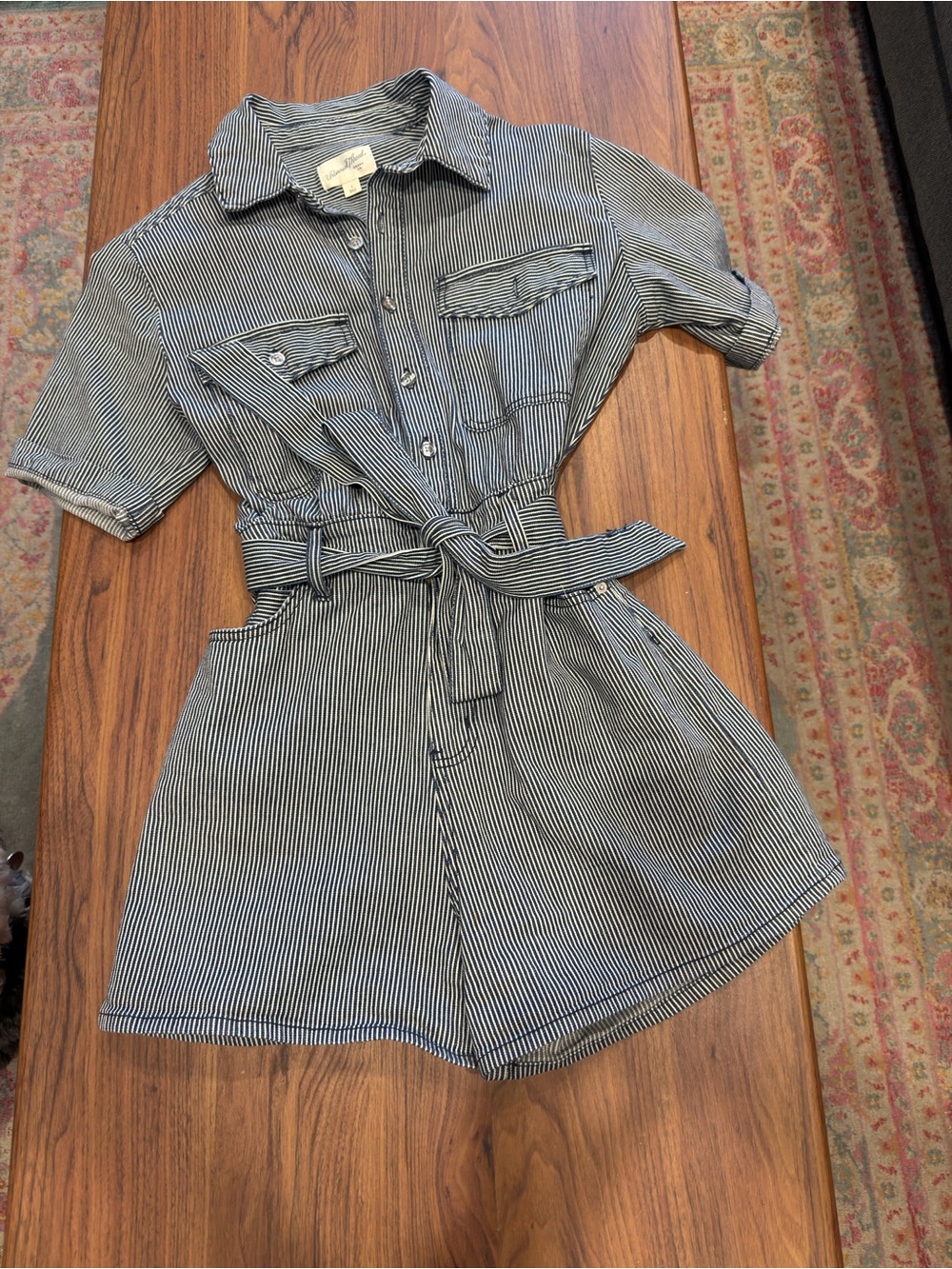 Navy Blue & White Striped Button Romper with Waist Tie